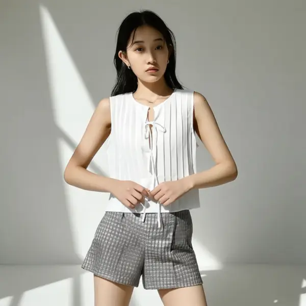 [TP001] Pleated Sleeveless Tie-Up Blouse