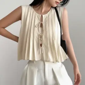 Pleated Sleeveless Tie-Up Blouse