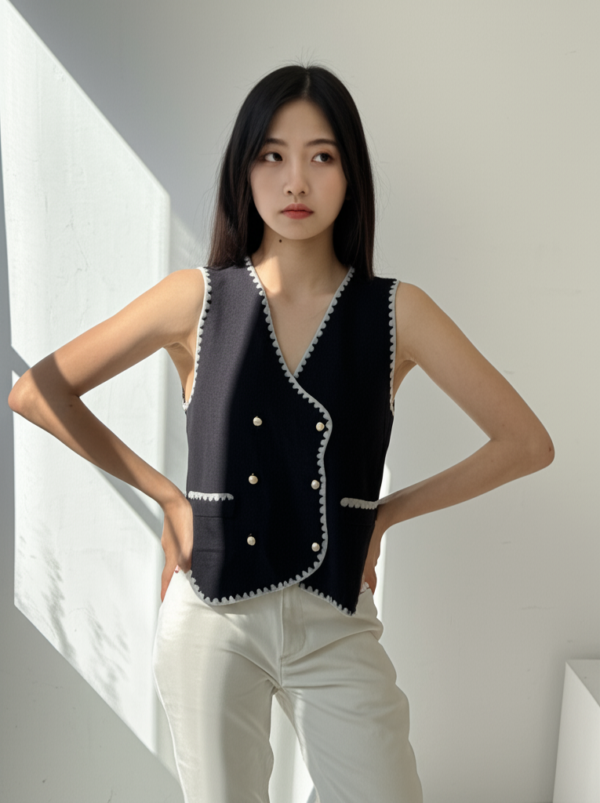 V-Neck Knit Vest Jacket with Double-Breasted Sleeveless Top