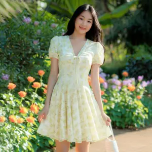 European and American Style Fashion Floral V-Neck Dress