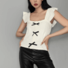 French Vintage Knit Vest with Bow Detail