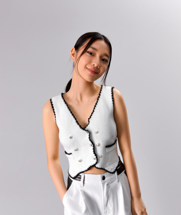[TP003] V-Neck Knit Vest Jacket with Double-Breasted Sleeveless Top