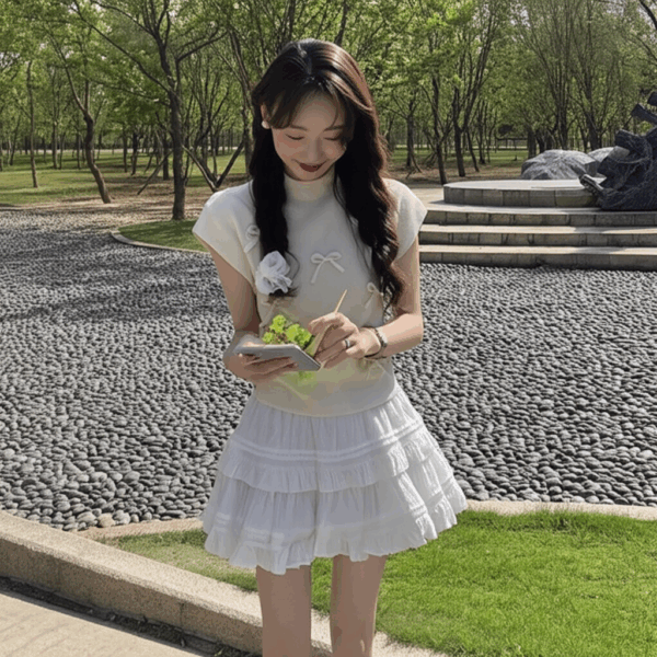 Sweet Bow-Knot Knit Short Sleeve Top