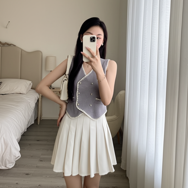 V-Neck Knit Vest Jacket with Double-Breasted Sleeveless Top