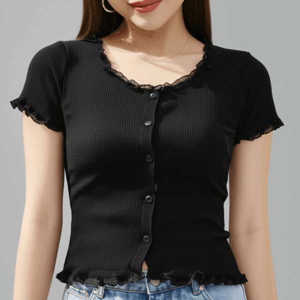 [TP028] Crew Neck Knit Top with Lace Trim