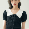 [TP031] Contrast-Trim Knit Top with Bow Detail