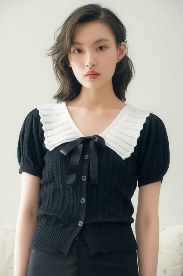 [TP031] Contrast-Trim Knit Top with Bow Detail