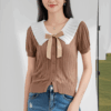 [TP031] Contrast-Trim Knit Top with Bow Detail