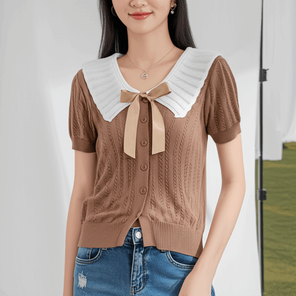 [TP031] Contrast-Trim Knit Top with Bow Detail
