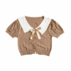 [TP031] Contrast-Trim Knit Top with Bow Detail