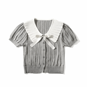 [TP031] Contrast-Trim Knit Top with Bow Detail
