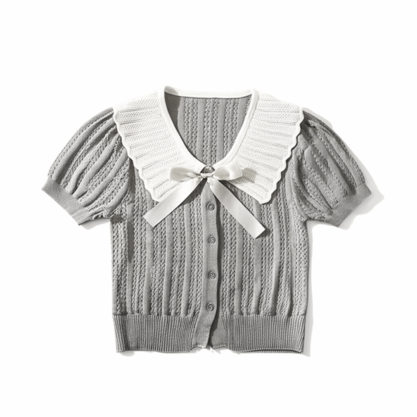 [TP031] Contrast-Trim Knit Top with Bow Detail