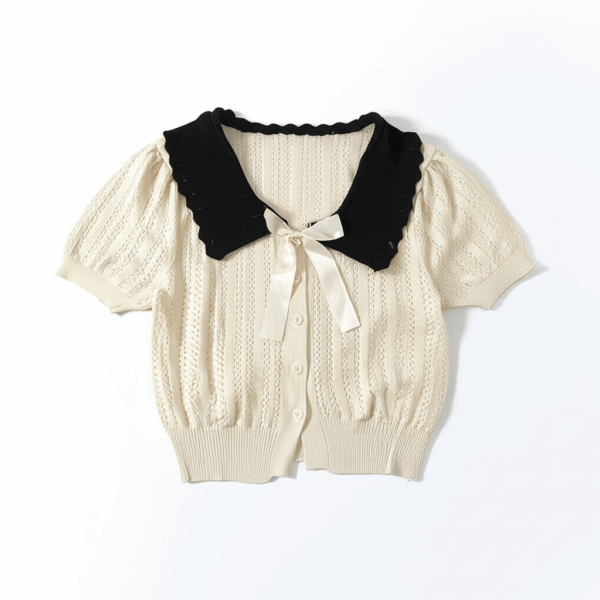 [TP031] Contrast-Trim Knit Top with Bow Detail