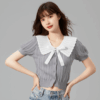 [TP031] Contrast-Trim Knit Top with Bow Detail