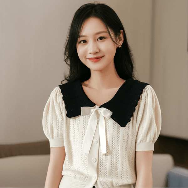 [TP031] Contrast-Trim Knit Top with Bow Detail