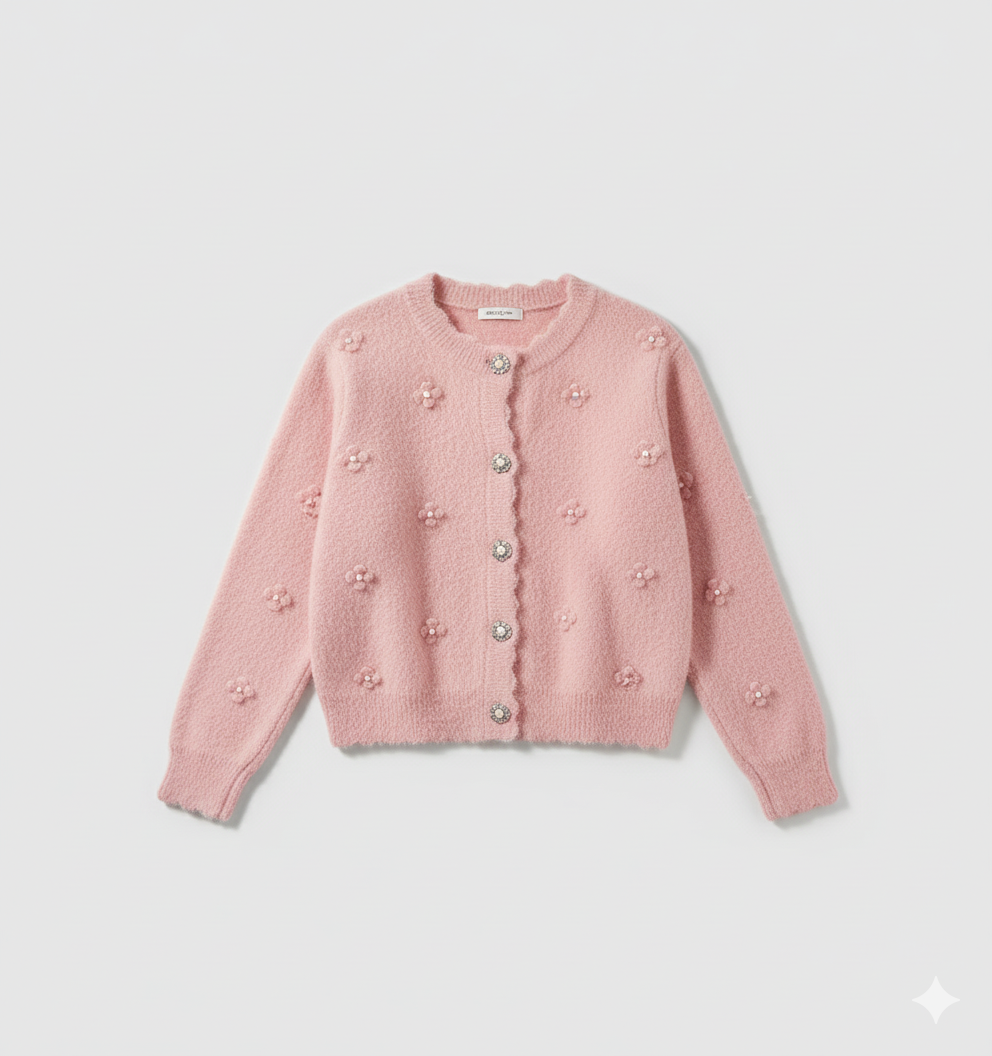 [TP042] Korean-Style Beaded Floral Knit Sweater