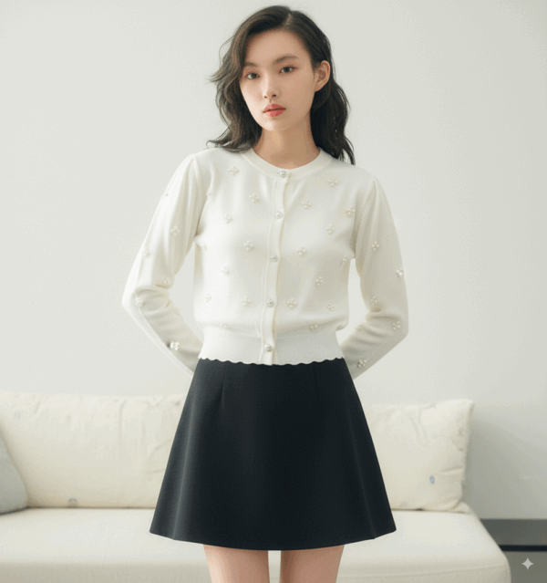 [TP042] Korean-Style Beaded Floral Knit Sweater