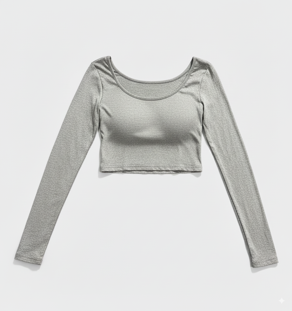 [TP043] Cropped Long-Sleeve Top with Built-In Bra