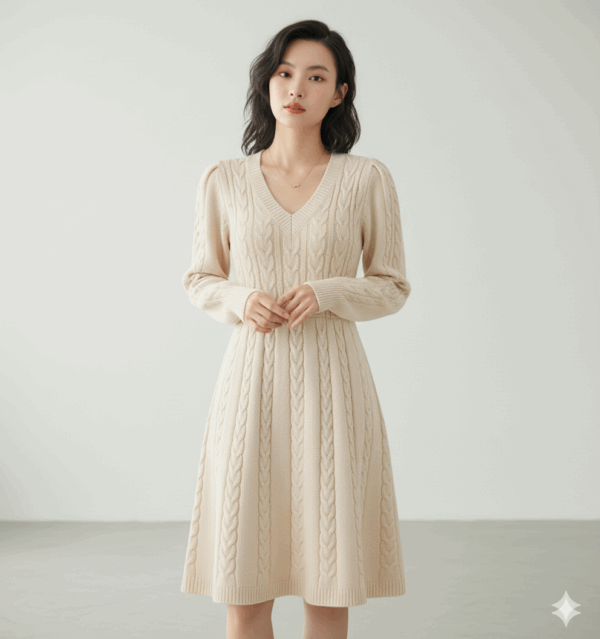 [DC017] V-Neck Cable Knit Sweater Dress