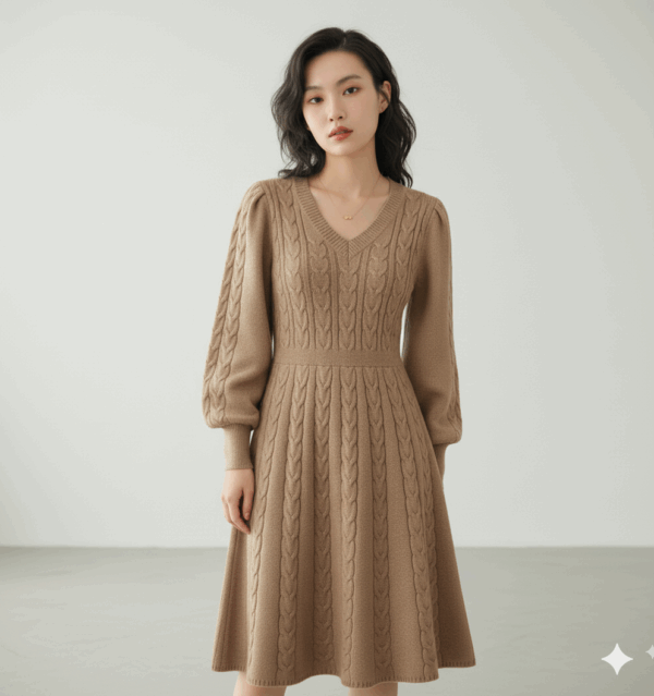 [DC017] V-Neck Cable Knit Sweater Dress