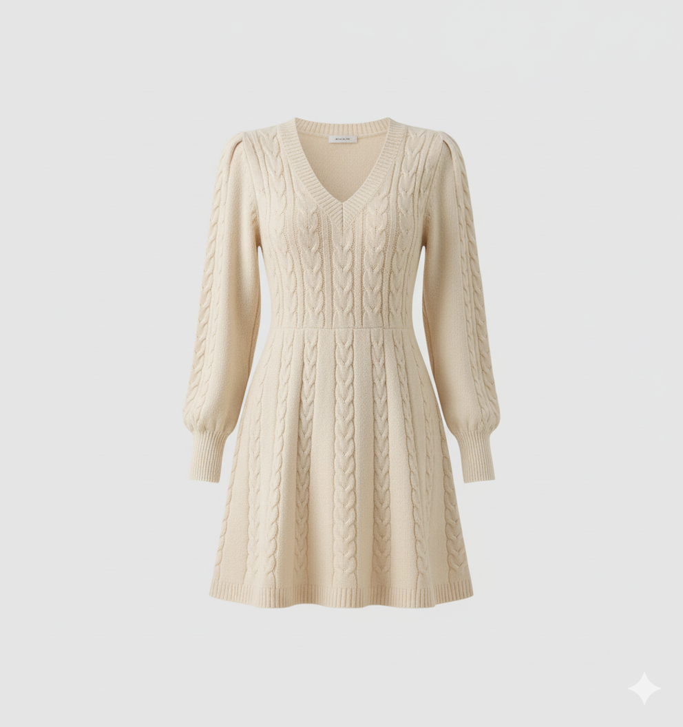 [DC017] V-Neck Cable Knit Sweater Dress