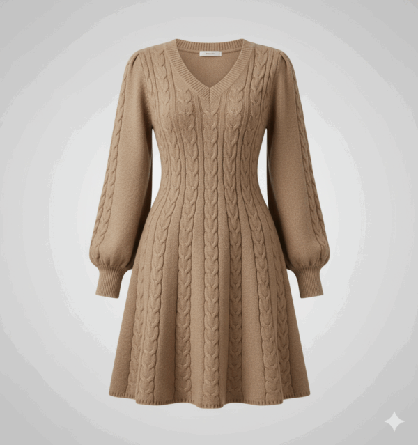 [DC017] V-Neck Cable Knit Sweater Dress
