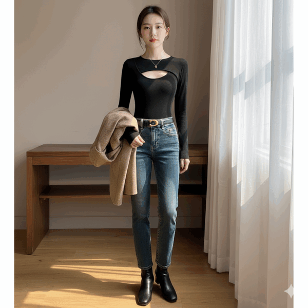 [TP048] Hollow-Out Fitted Long-Sleeve Top