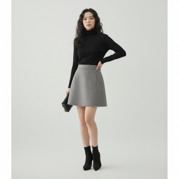 [BM028] Gray Wool-Blend Midi Skirt