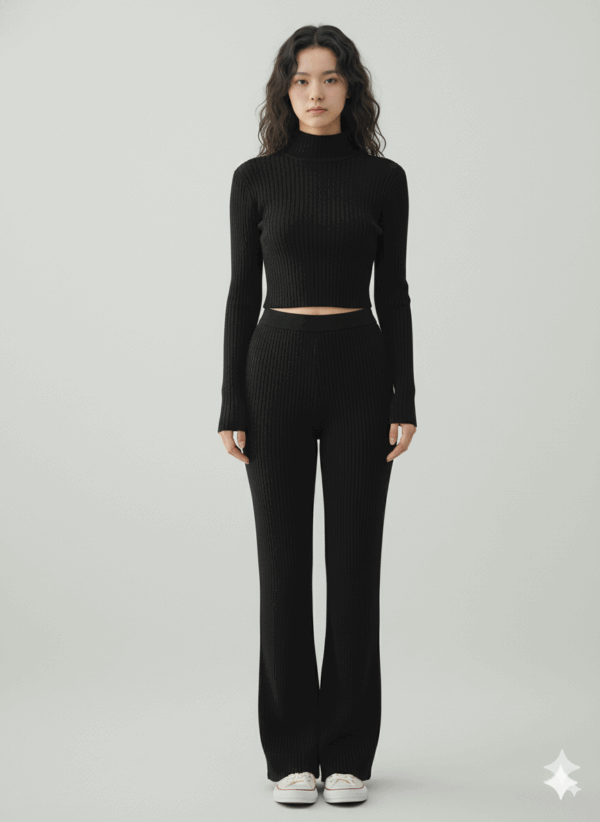 [DC019] Knitted Turtleneck Slim-Fit Pants Set