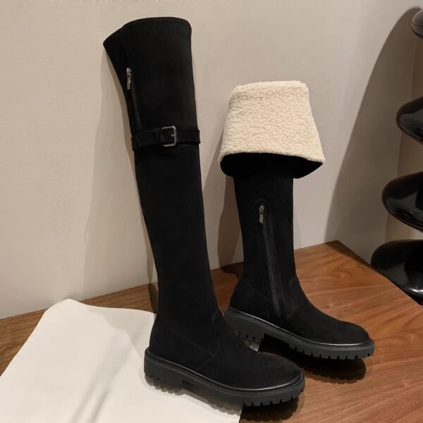 [SH002] Folded-Fur Suede Over-the-Knee Flat Boots