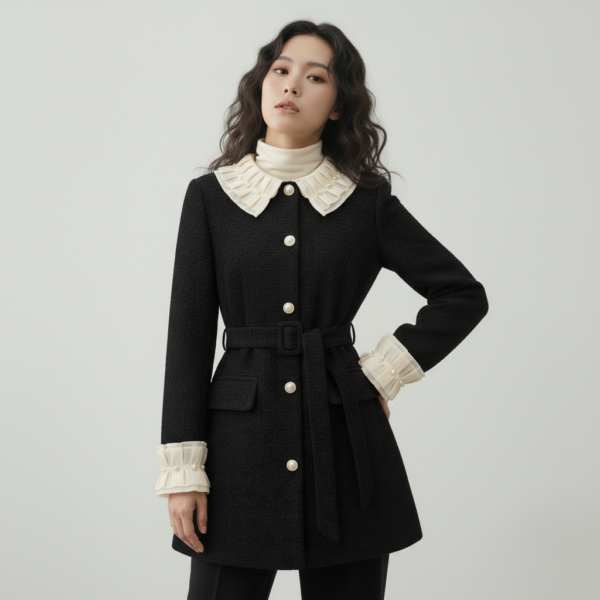 [DC021] Color-Block Lace-Trim Waist-Cinched Dress