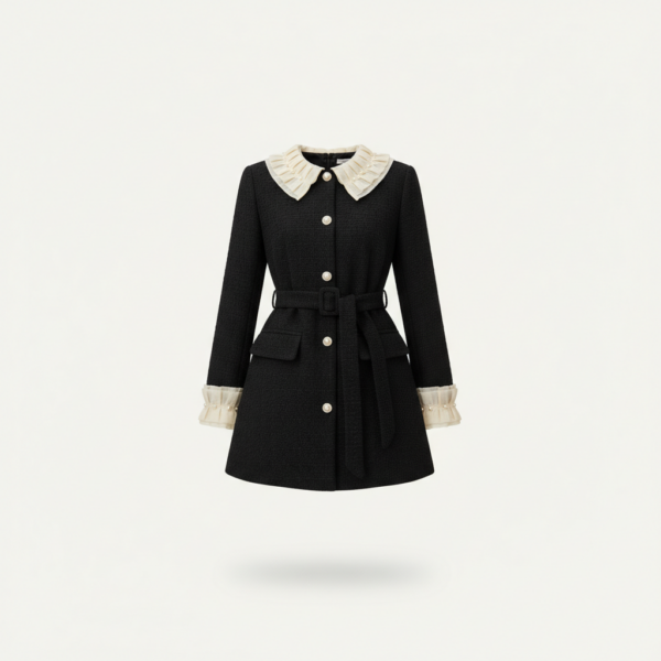 [DC021] Color-Block Lace-Trim Waist-Cinched Dress