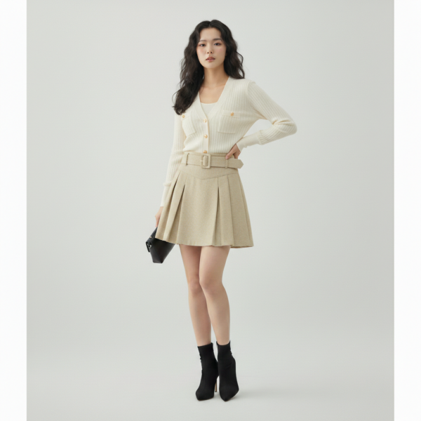 [TP068] Chic Tweed-Style V-Neck Slim-Fit Knit Top