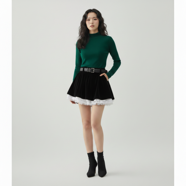 [BM032] Velvet and Tiered Tulle Belted Mini Skirt