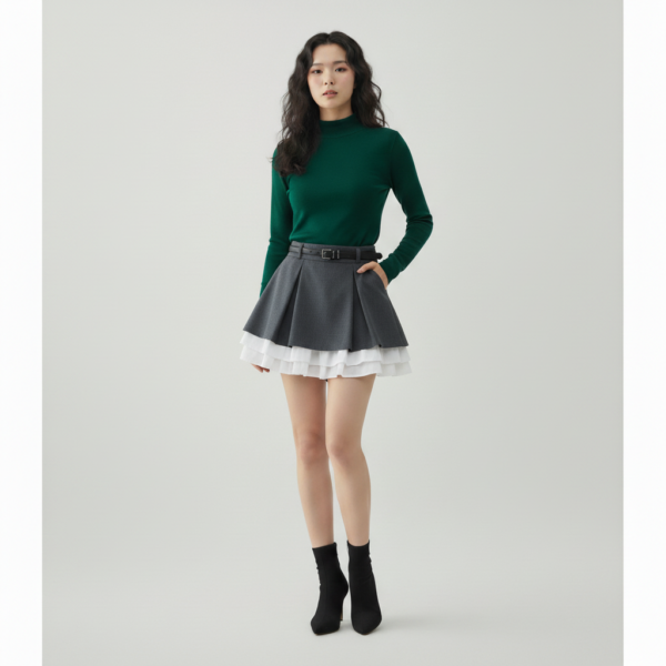 [BM032] Velvet and Tiered Tulle Belted Mini Skirt
