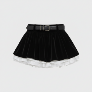 [BM032] Velvet and Tiered Tulle Belted Mini Skirt