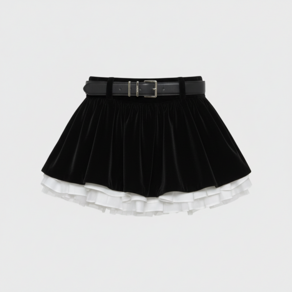 [BM032] Velvet and Tiered Tulle Belted Mini Skirt