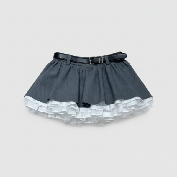 [BM032] Velvet and Tiered Tulle Belted Mini Skirt