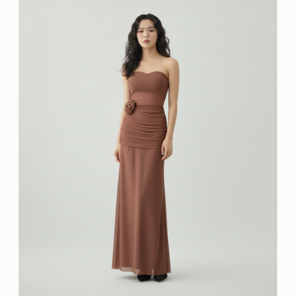 [DC022] Ethereal Ruched Chiffon Maxi Set with Sculptural Floral Appliqué