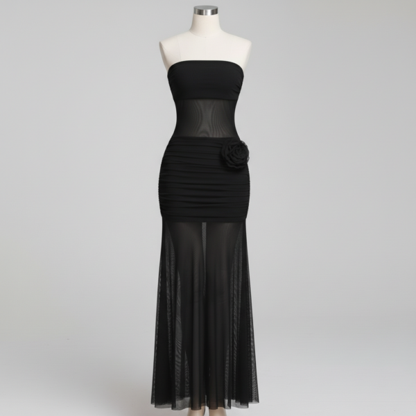 [DC022] Ethereal Ruched Chiffon Maxi Set with Sculptural Floral Appliqué