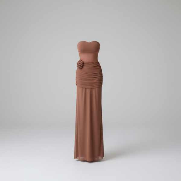 [DC022] Ethereal Ruched Chiffon Maxi Set with Sculptural Floral Appliqué