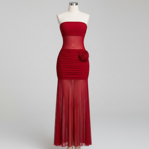 [DC022] Ethereal Ruched Chiffon Maxi Set with Sculptural Floral Appliqué