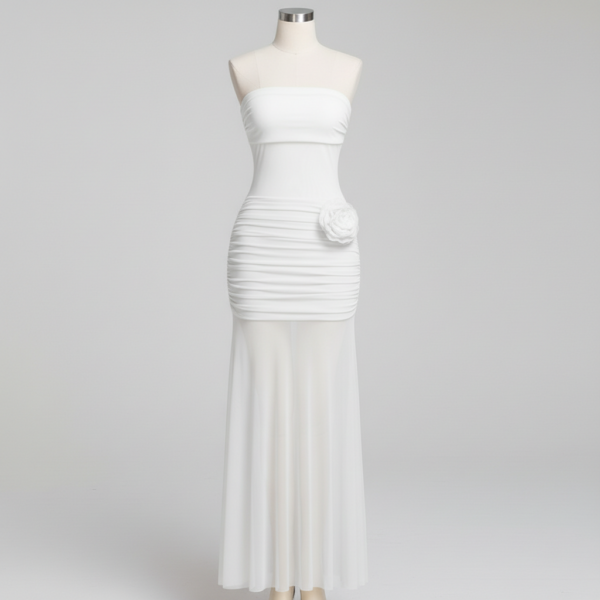 [DC022] Ethereal Ruched Chiffon Maxi Set with Sculptural Floral Appliqué