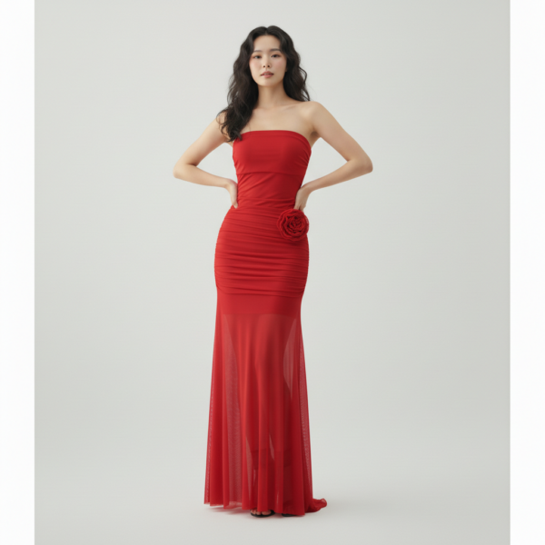 [DC022] Ethereal Ruched Chiffon Maxi Set with Sculptural Floral Appliqué