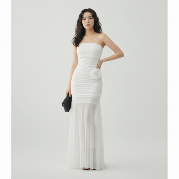 [DC022] Ethereal Ruched Chiffon Maxi Set with Sculptural Floral Appliqué