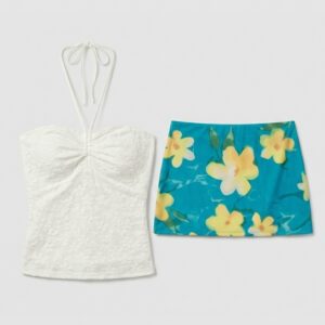 [DC024] The Solstice Bloom Two-Piece Set: Textured Halter Bodice & Floral Mesh Mini Skirt