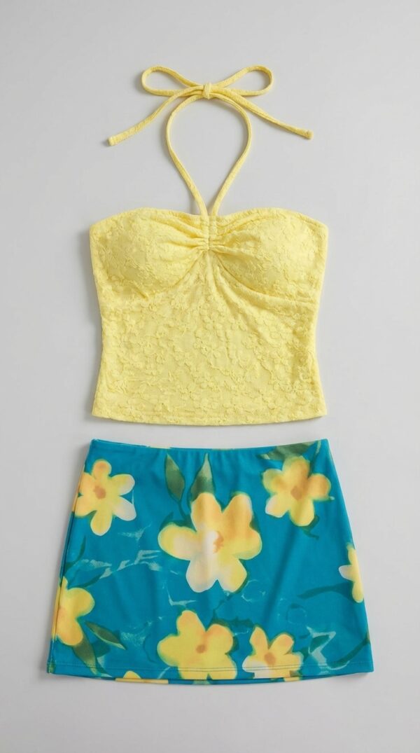 [DC024] The Solstice Bloom Two-Piece Set: Textured Halter Bodice & Floral Mesh Mini Skirt