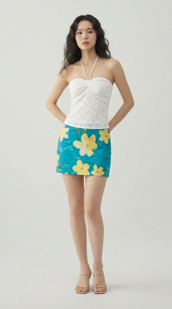 [DC024] The Solstice Bloom Two-Piece Set: Textured Halter Bodice & Floral Mesh Mini Skirt