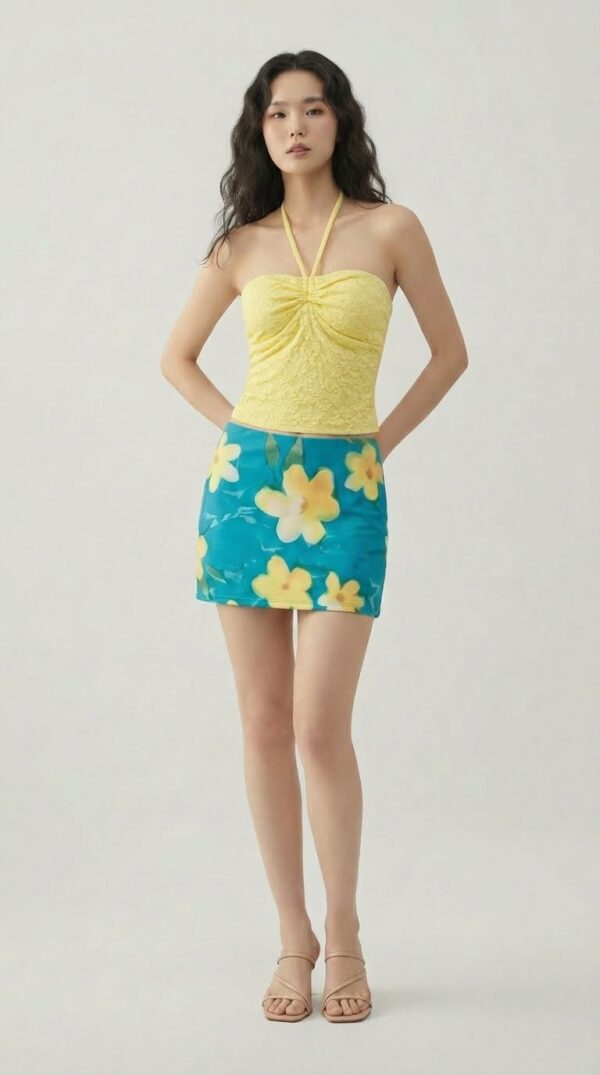 [DC024] The Solstice Bloom Two-Piece Set: Textured Halter Bodice & Floral Mesh Mini Skirt