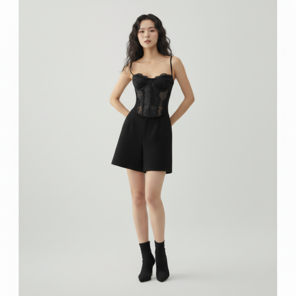 [TP069] Luxe Noir Lace-Paneled Bustier Corset